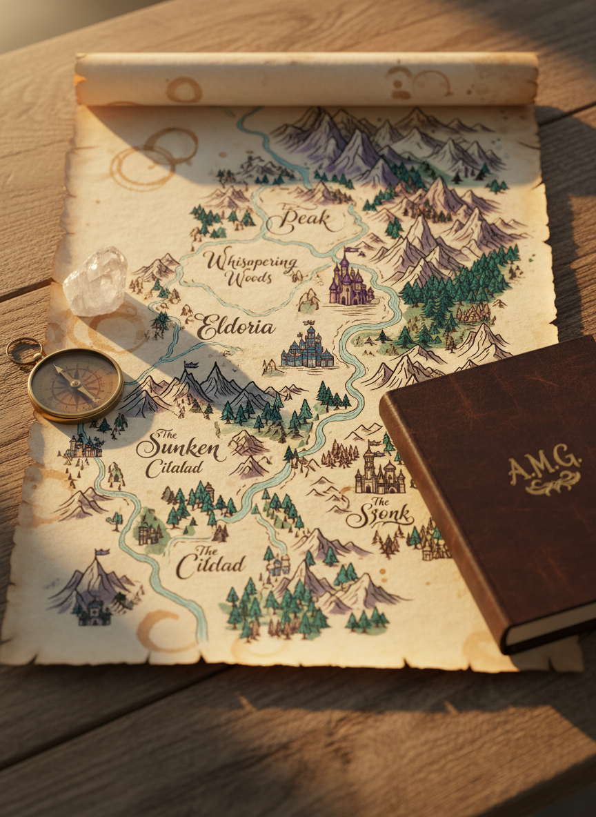 A detailed, hand-illustrated fantasy map laid flat on an aged oak table, its parchment surface slightly curled at the edges and stained with faint rings as if from long-forgotten goblets. The map shows a sprawling kingdom divided into hidden realms, with mountains, enchanted forests, and tiny crowned citadels inked in precise dark lines and muted jewel-toned washes. Beside it rests a brass compass, a faceted crystal, and a leather-bound notebook embossed with a subtle “A.M.G.” monogram. Warm golden hour light slants across the table, highlighting the raised texture of the parchment and casting delicate shadows from the compass needle. Photographic realism with a slightly elevated, overhead composition gives a sophisticated, archival feel, suggesting deep worldbuilding and the promise of an upcoming YA fantasy series.