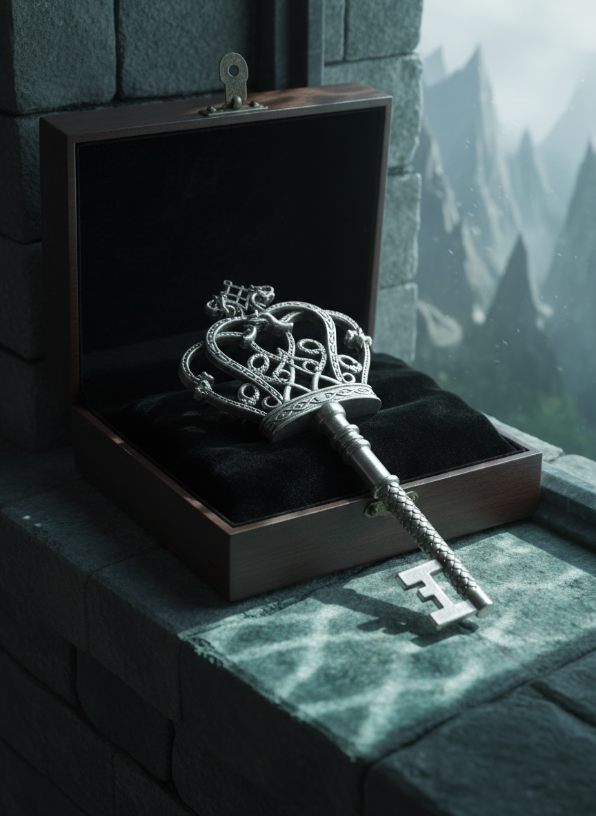 An ornate, ancient-looking key forged from brushed silver metal, its bow shaped like an intricate crown entwined with tiny hidden creatures, resting on a velvet-lined black jewelry box on a stone windowsill of a high castle tower. Subtle mermaid-inspired details appear as a refined, scaled texture along the key’s handle and a faint reflection of underwater light ripples across the stone surface, with cool teal and deep-sea blue accents in the ambient light. No obvious mermaid figures, keeping the mood mysterious, realistic, and in line with a sophisticated YA fantasy brand.