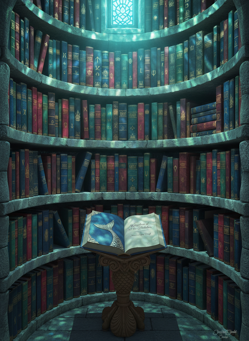 A secluded stone alcove library carved into a castle wall, every shelf meticulously filled with mismatched, jewel-toned books whose spines are stamped with tiny crowns, mythical animals, and arcane symbols. In the center sits a small reading pedestal supporting an elegantly bound manuscript labeled “Kingdom of the Hidden – Manuscript Draft,” its pages edged in gold. Subtle mermaid-inspired details appear as a delicate scaled motif embossed along the manuscript’s spine and a cool wash of underwater light filtering through a high slit window, casting teal and deep-blue ripples along the stone. The style remains intimate, secretive, and sophisticated, with no obvious mermaid figures, perfect for a YA fantasy author’s about or process page.