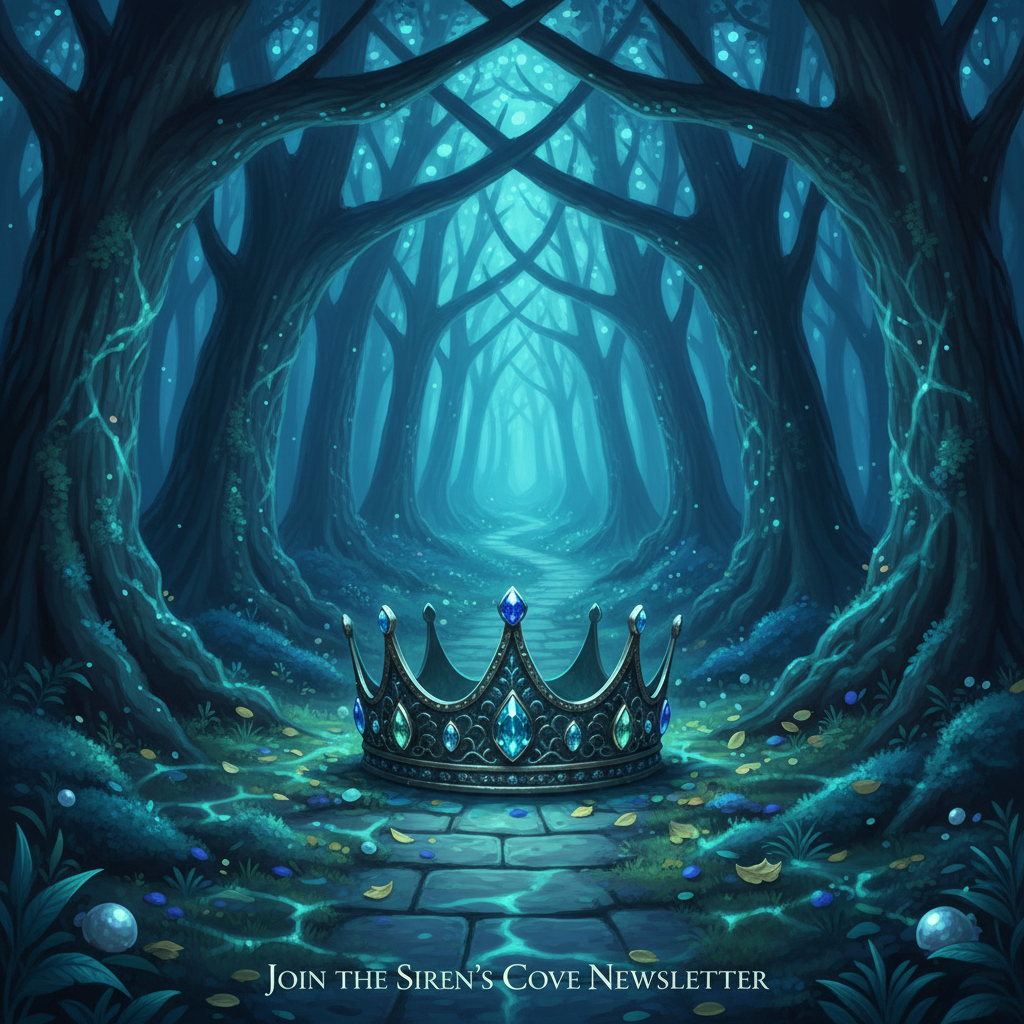 An enigmatic forest path in a twilight-blue, magical woodland, where towering, dark-trunked trees arch overhead to form a natural crown-like canopy. At the path’s center lies an intricately detailed metal crown, dulled with age yet inlaid with faintly glowing gemstones that suggest hidden power. Subtle mermaid-inspired elements appear as a refined, scaled texture along the crown’s band and a gentle pattern of underwater light ripples across the forest floor, shifting the palette toward sea-glass teal, deep-ocean blue, and soft aqua. No literal mermaid figures, maintaining a mysterious, solemn, and alluring YA fantasy mood suitable for a newsletter sign-up section.