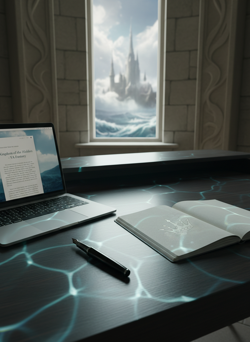 A refined writer’s workspace set within a fantasy tower study, featuring a sleek dark wood desk with clean lines, a modern black fountain pen, and a minimalist notebook embossed with a subtle crowned emblem. An open laptop displays a blurred manuscript page titled “Kingdom of the Hidden – YA Fantasy.” Subtle mermaid-inspired accents appear as a soft overlay of underwater light ripples along the desk surface and cool teal and deep-sea blue reflections along the laptop’s edges, with a faint scaled texture in the notebook’s emblem. The composition stays contemporary and sophisticated, with no obvious or cartoonish mermaids, perfect for a YA fantasy author’s blog or writing-advice section.