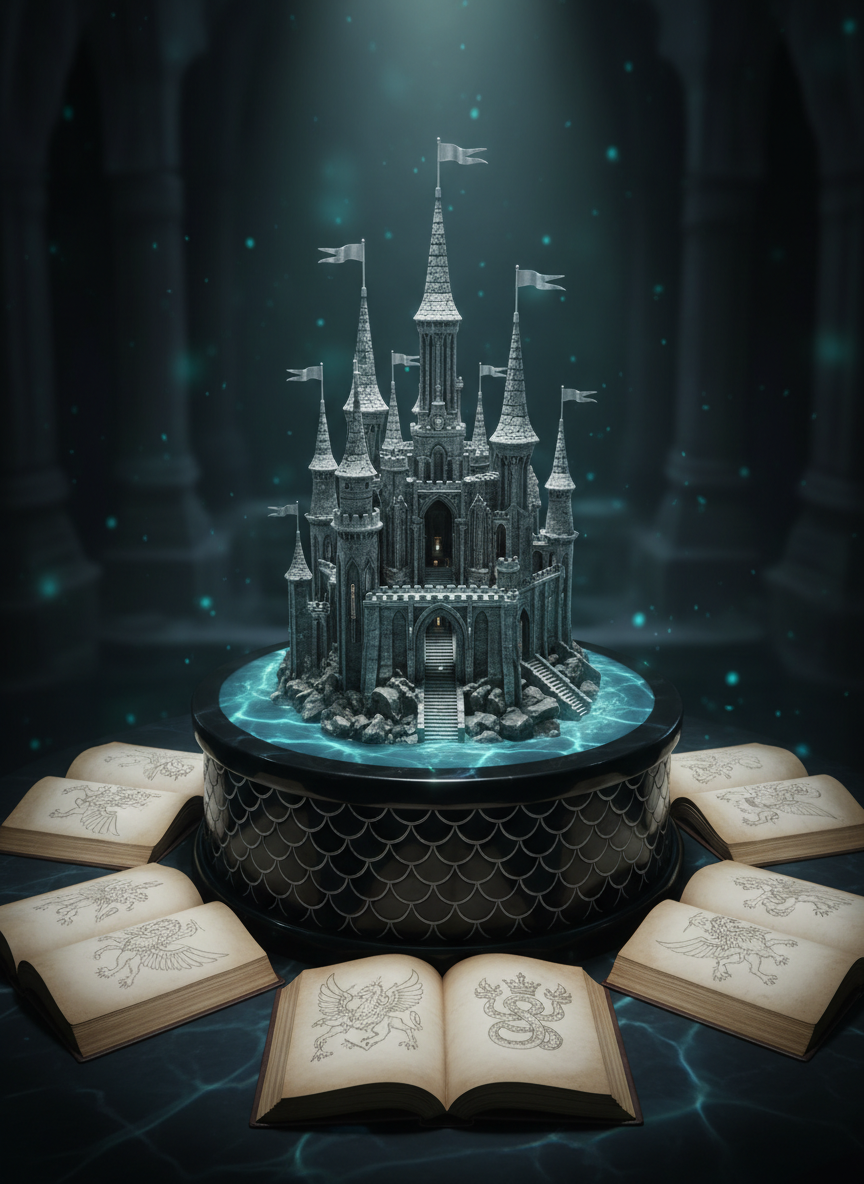 A majestic, intricately designed miniature castle model displayed on a polished obsidian pedestal, its slender spires crowned with tiny silver flags and hidden stairways visible through delicate archways. Surrounding the pedestal is a ring of open books arranged like a protective circle, their pages filled with faint sketches of mythical creatures and royal sigils. Subtle mermaid-inspired elements appear as a refined, scaled pattern along the pedestal’s base and a soft wash of underwater light ripples across the obsidian surface, introducing sea-glass teal and deep-ocean blue accents. The scene remains dramatically lit, realistic, and epic, with no literal mermaid figures, ideal for a featured series or book announcement section.