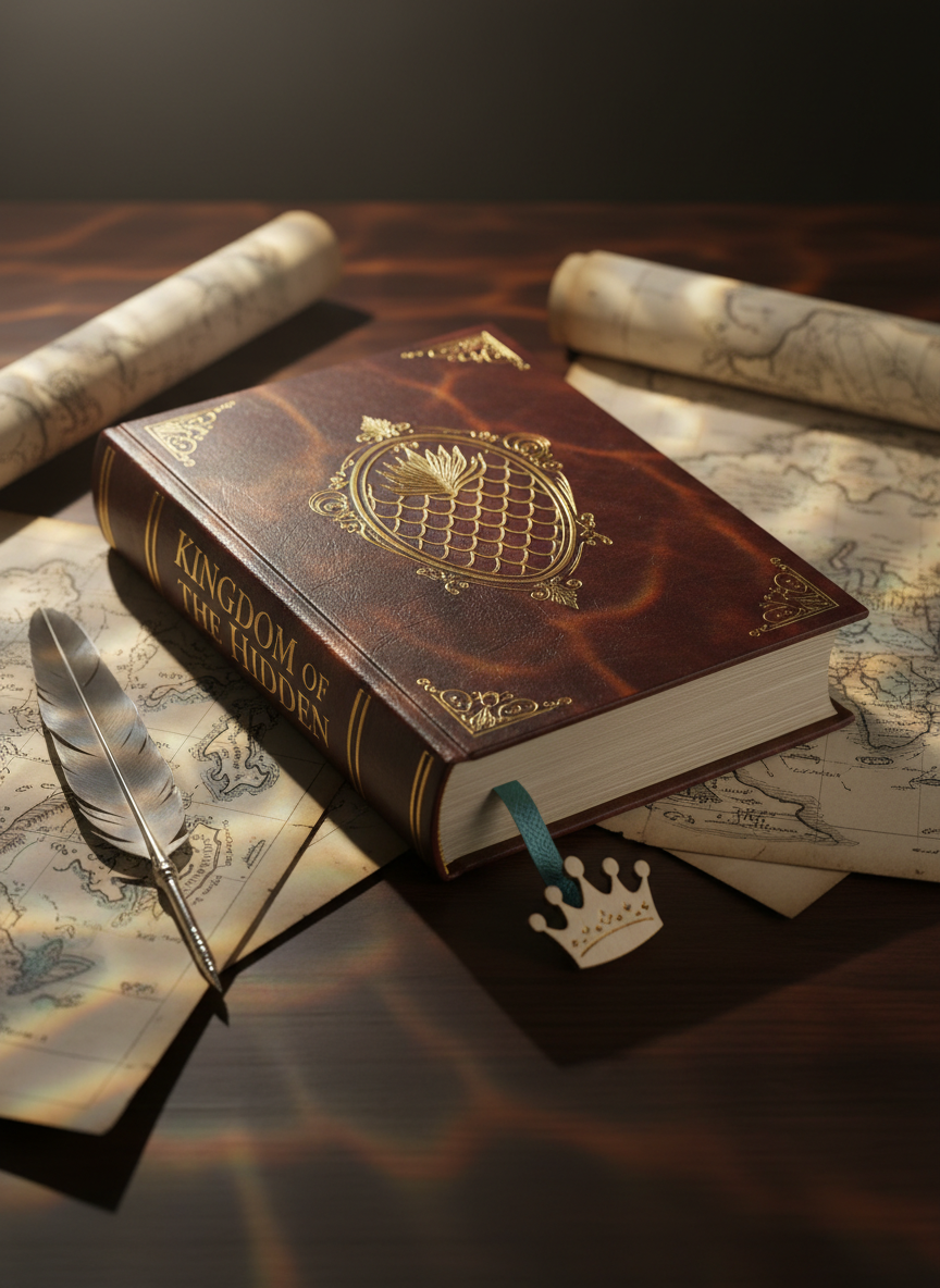 A richly detailed, leather-bound YA fantasy novel titled “Kingdom of the Hidden” resting half-open on a dark walnut writing desk, its gilded spine and embossed crest catching the light. Around the book lie scattered parchment maps, a gleaming silver quill, and a delicately carved wooden bookmark shaped like a crown. Subtle mermaid-inspired details appear as an elegant scaled motif in the book’s embossed crest and a faint pattern of underwater light ripples across the desk surface, with hints of sea-glass teal and deep-ocean blue in the color accents. The style is realistic, atmospheric, and sophisticated, with no obvious mermaid figures, ideal for a primary book cover-style image on a YA fantasy author homepage.