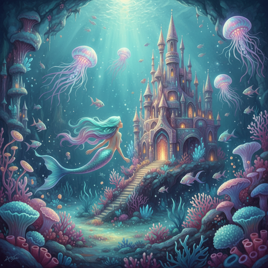 A magical mermaid fantasy scene with underwater castles, soft bioluminescent lighting, and a dreamy color palette of teals, purples, and pinks, matching the current author brand style.