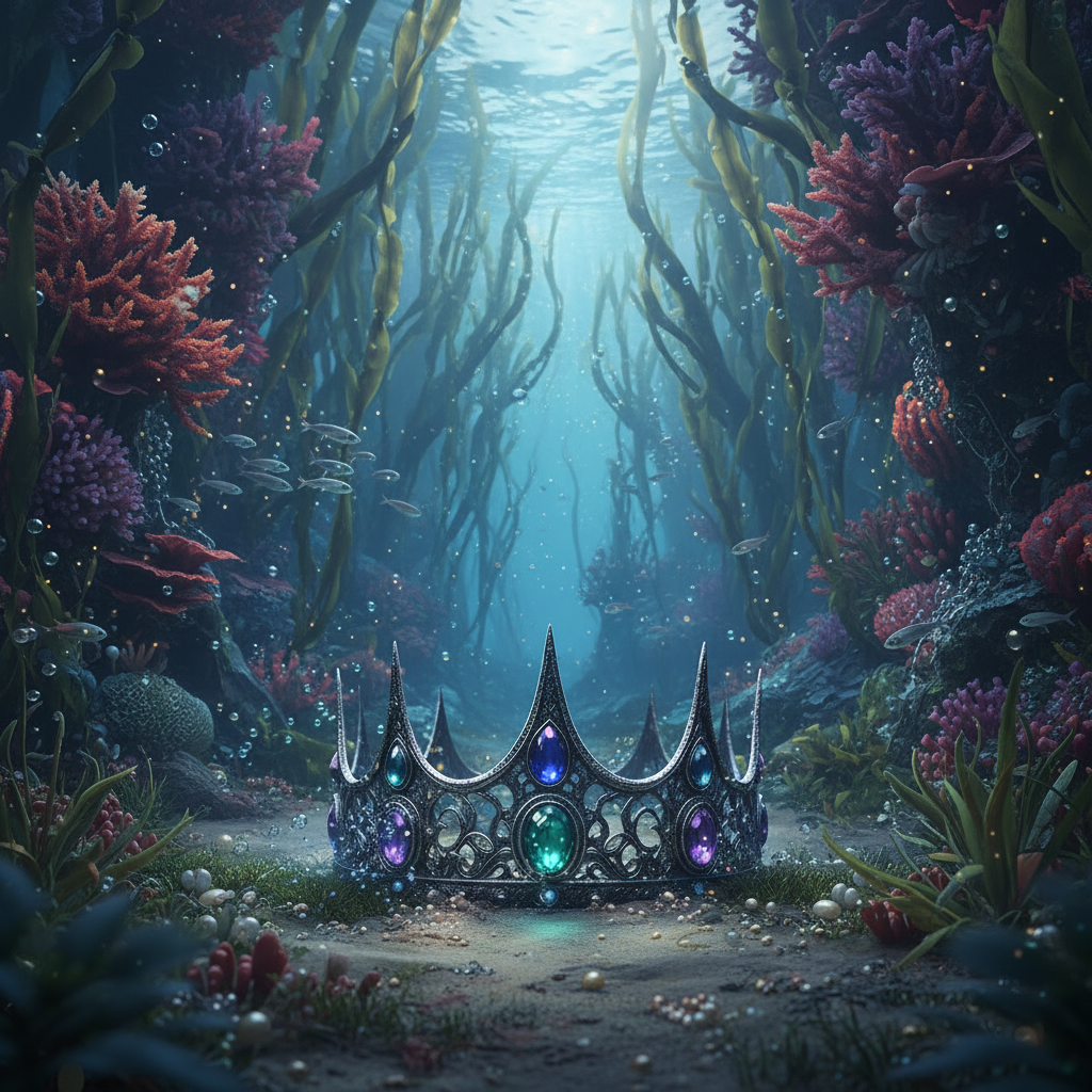 An enigmatic, mermaid-themed undersea forest path for a gallery image: twisting kelp forests and towering coral arches form a crown-like canopy overhead. At the center of a sandy path lies an intricately detailed, tarnished silver crown entangled with seaweed and tiny pearls, its gemstones softly glowing aqua and violet. Silvery schools of fish and floating motes of bioluminescent plankton drift through the water. The lighting is a dusky, twilight blue with beams of light piercing down from the surface, cinematic and semi-realistic, square composition, evoking mystery, lost royalty, and hidden kingdoms beneath the sea.
