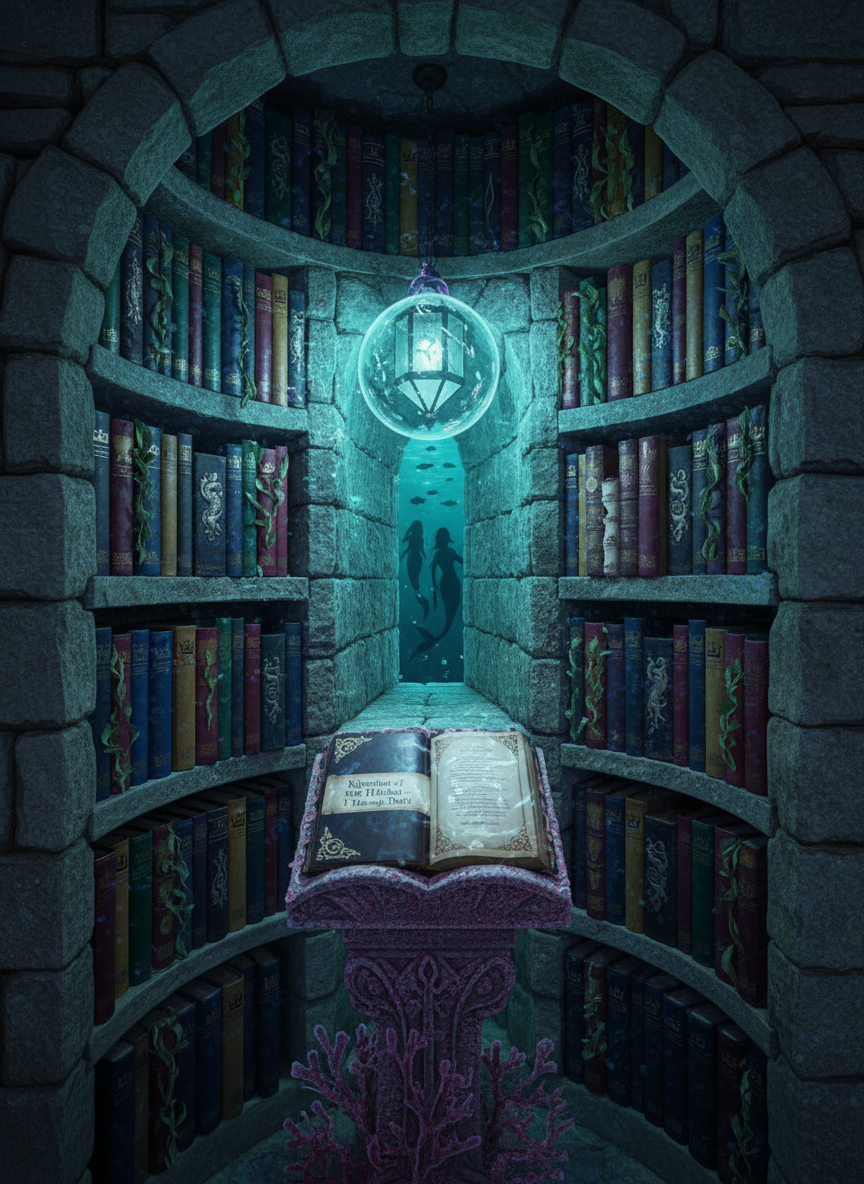 An intimate, mermaid-library scene for a gallery image: a stone alcove carved into the wall of a submerged palace, its shelves filled with weathered, jewel-toned shell-bound books and scrolls wrapped in seaweed ribbon. At the center, a coral pedestal supports a luminous, water-resistant manuscript titled 'Kingdom of the Hidden – Tide Draft', its pages edged with shimmering silver. A glowing crystal lantern encased in a glass bubble hangs above, casting soft teal and violet light that ripples across the walls. Outside a narrow window portal, blurred silhouettes of mermaids and drifting schools of fish pass by. Semi-realistic undersea illustration, square composition, with cohesive deep teal, purple, and pink hues.