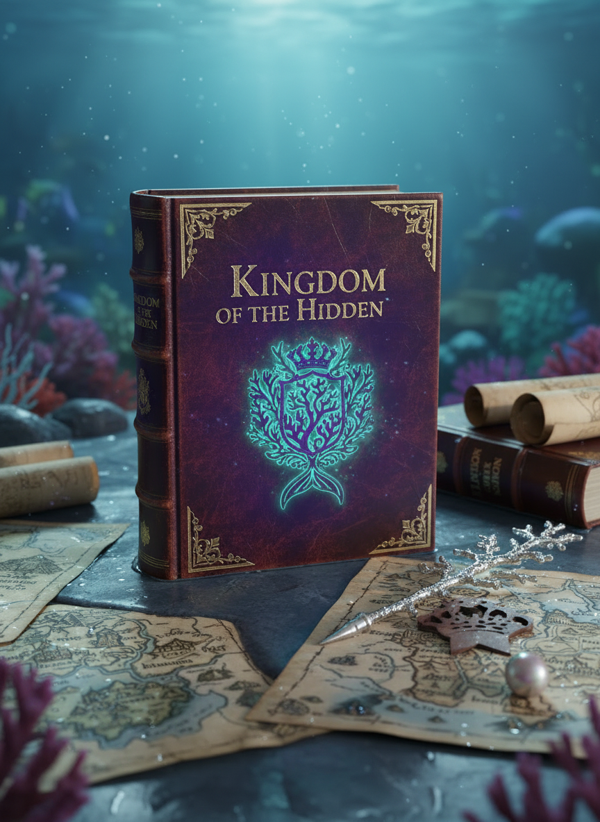 A richly illustrated mermaid YA fantasy book cover scene for a gallery image: a leather-bound novel titled 'Kingdom of the Hidden' rests partially open on a smooth, dark stone ledge beside a tide pool. The cover features an embossed crest of a crown entwined with coral and mermaid tails, glowing faintly in teal and violet. Around the book lie rolled sea-maps, a silver coral-shaped quill, and a carved driftwood bookmark tipped with a pearl. Soft, diffused undersea light filters through the water above, creating dancing patterns across the cover and objects. Semi-realistic illustration style, square composition, using deep teals, purples, and soft pink highlights to match the site's palette.