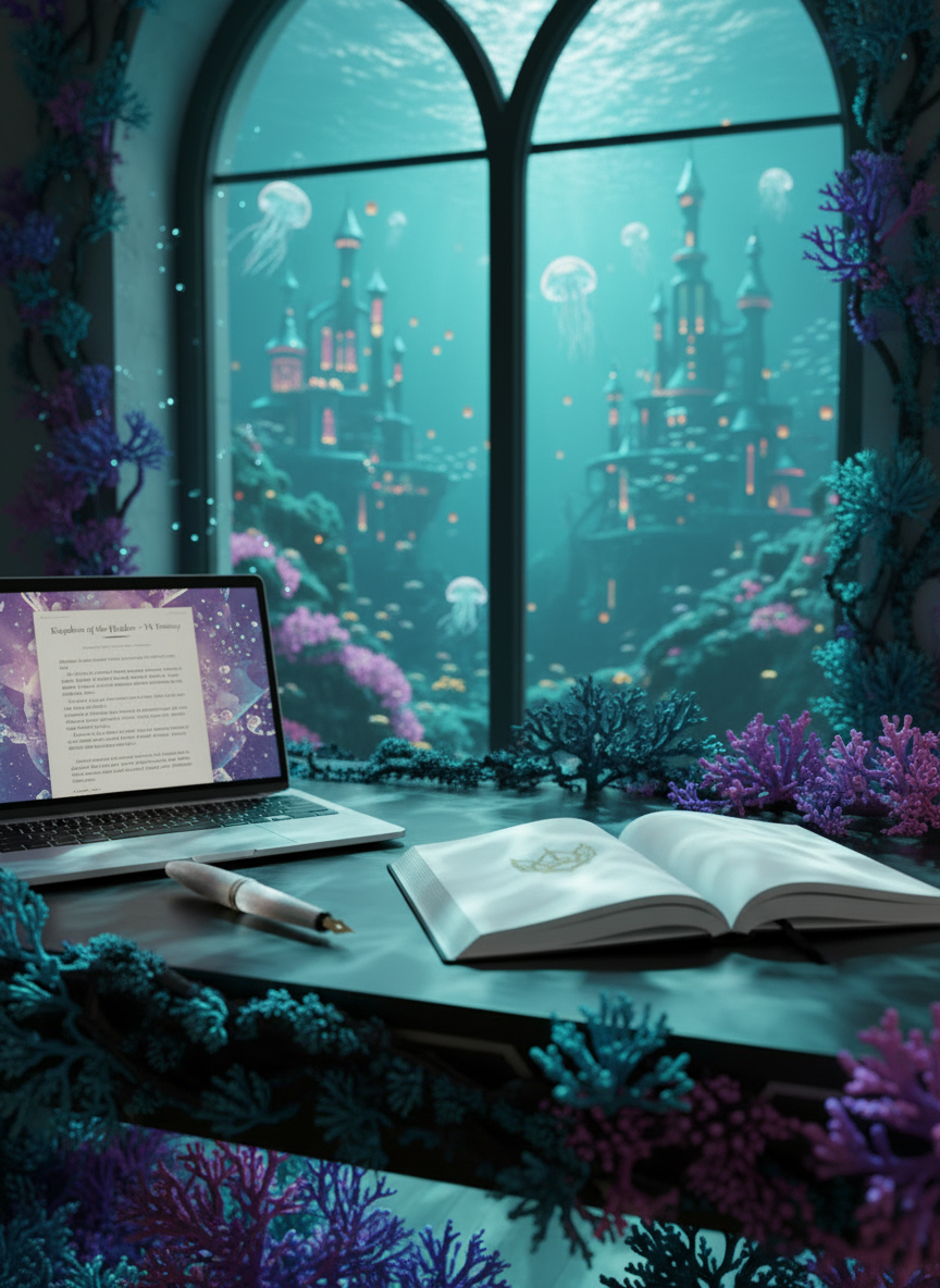 A refined, mermaid-themed writer’s workspace set inside an undersea tower study for an about-page Q&A section: a sleek dark stone-and-coral desk holds a modern pearl-white pen, a nautilus-shell notebook embossed with a small crown, and an open crystal-screen tablet showing a blurred manuscript labeled 'Kingdom of the Hidden – YA Fantasy'. Through a tall arched glass window, distant undersea palaces, drifting lantern jellyfish, and schools of fish glow softly in the background. Gentle, diffused turquoise and violet light fills the room, with subtle caustic reflections across the surfaces. Semi-realistic illustration style, portrait orientation (3:4), cohesive deep teal, purple, and pink palette.